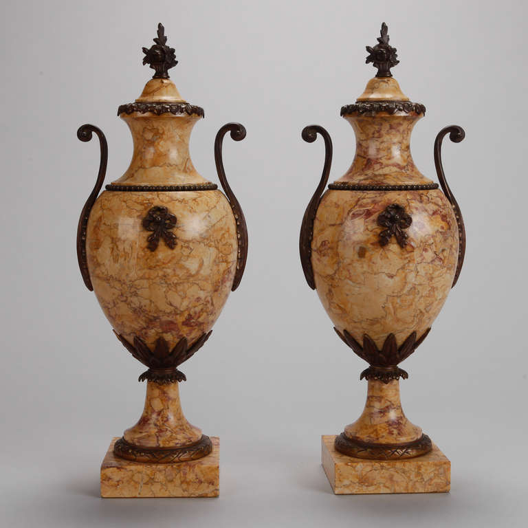 Pair Tall French Marble Urns With Bronze Mounts 3