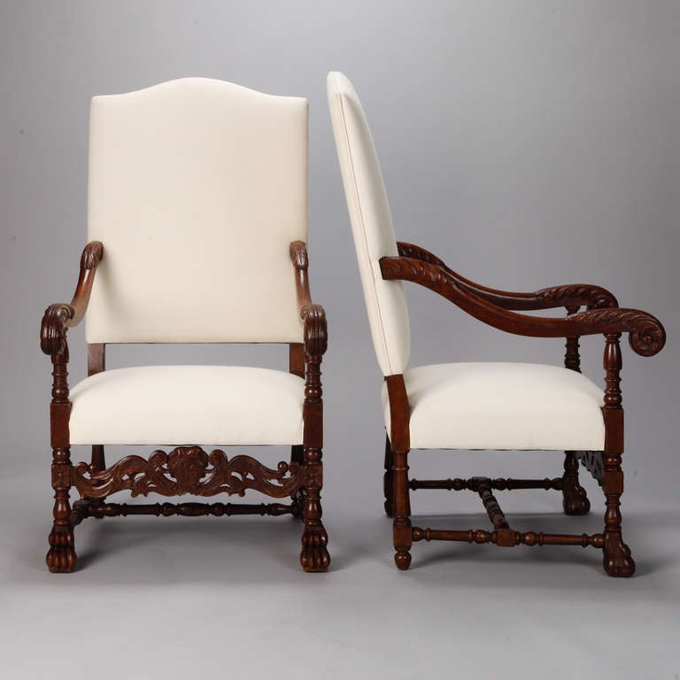 Pair 19th Century French Carved Walnut Throne Chairs In Excellent Condition In Troy, MI