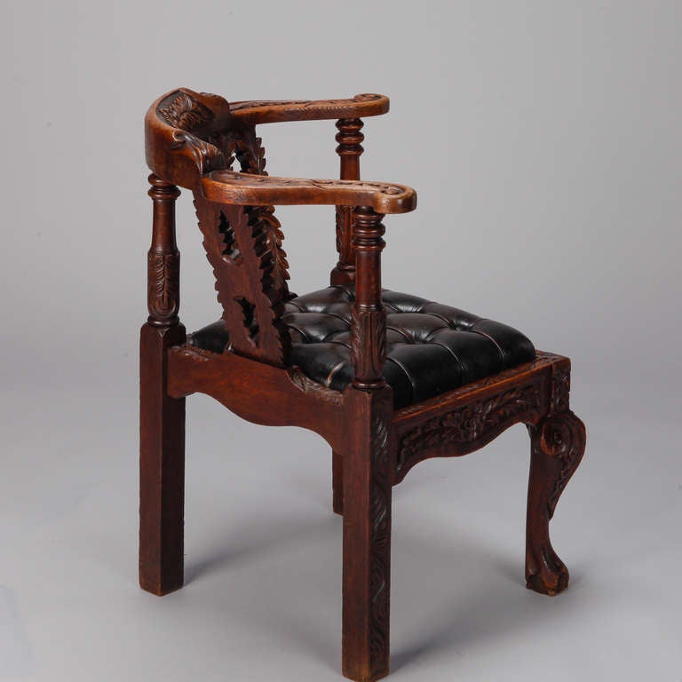 British Highly Carved English Corner Chair with Black Leather Seat