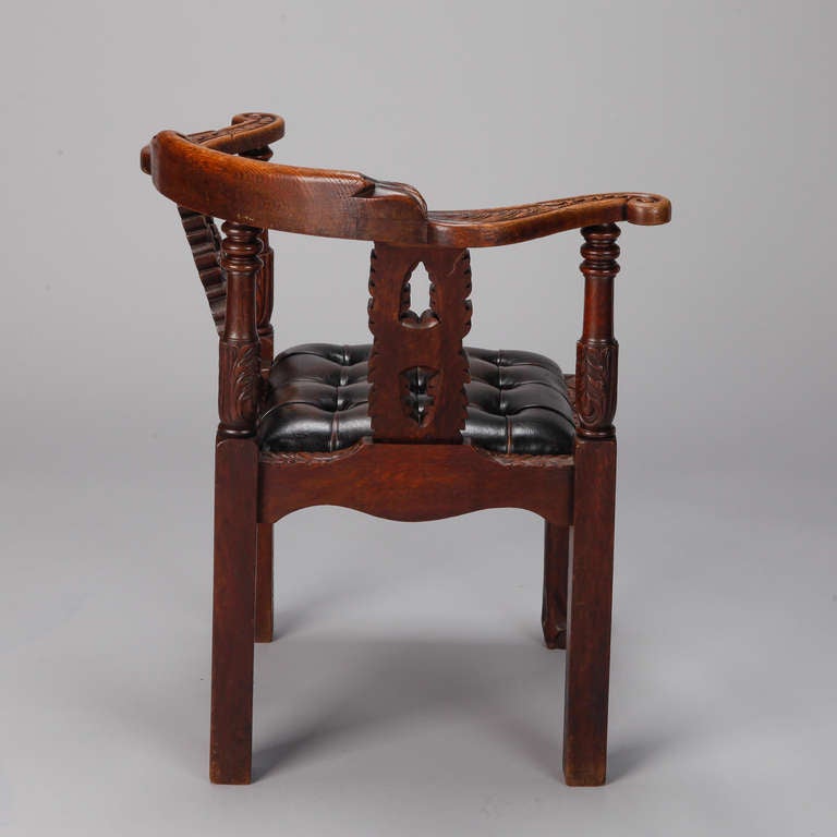 Highly Carved English Corner Chair with Black Leather Seat In Good Condition In Troy, MI