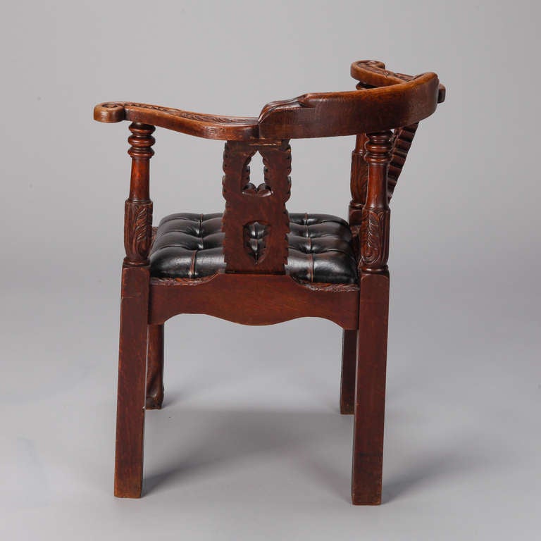19th Century Highly Carved English Corner Chair with Black Leather Seat