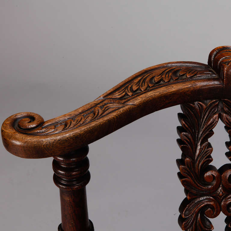 Highly Carved English Corner Chair with Black Leather Seat 1