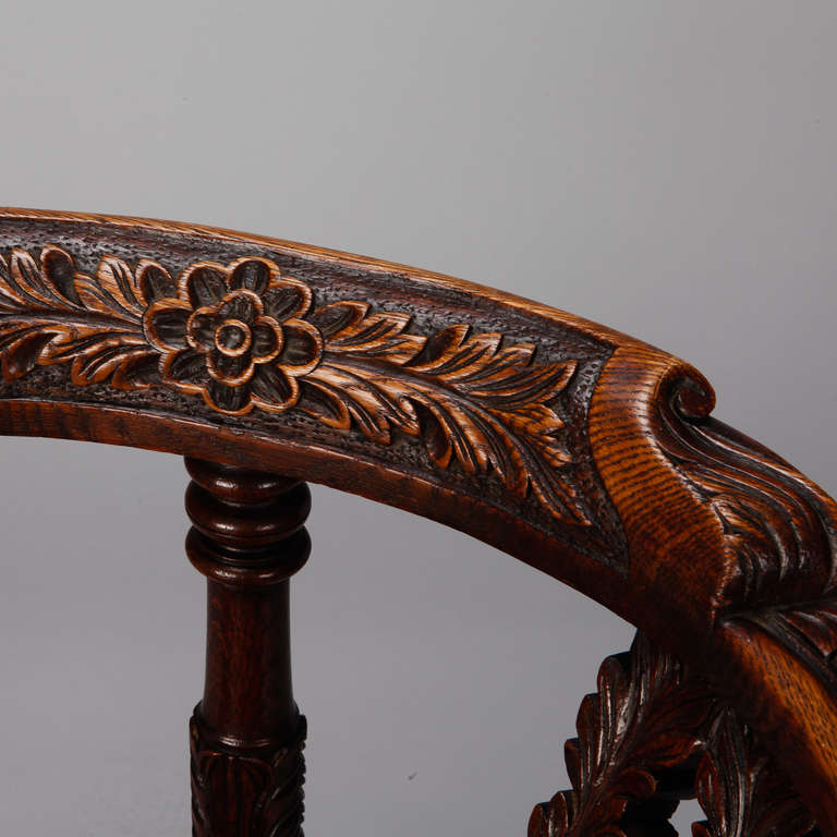 Highly Carved English Corner Chair with Black Leather Seat 2