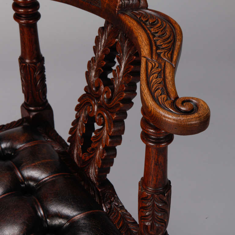Highly Carved English Corner Chair with Black Leather Seat 3