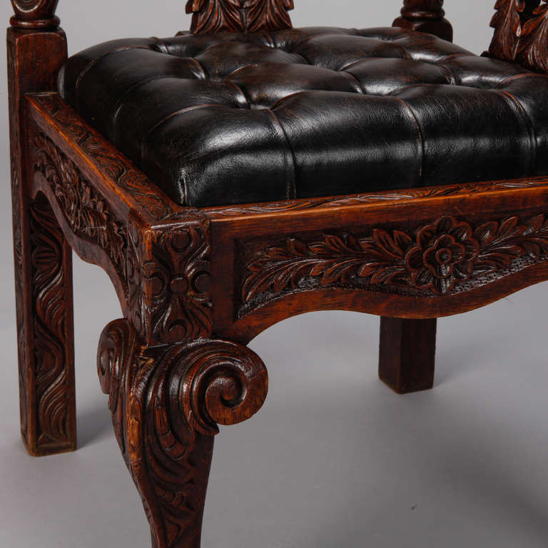 Highly Carved English Corner Chair with Black Leather Seat 4