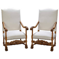 Antique Pair of French Highly Carved and Bleached Throne Chairs