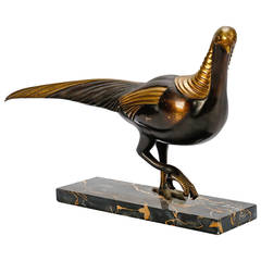 Signed Art Deco Gilded Bronze Pheasant Sculpture