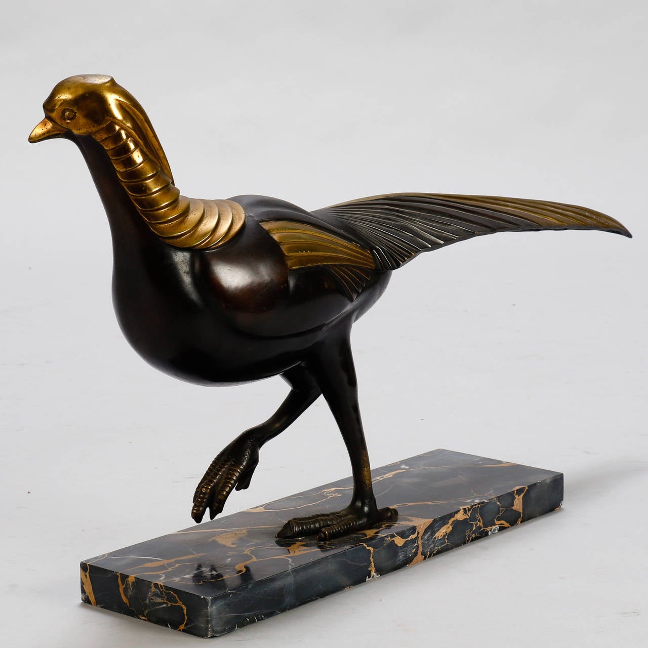 Gilt Signed Art Deco Gilded Bronze Pheasant Sculpture
