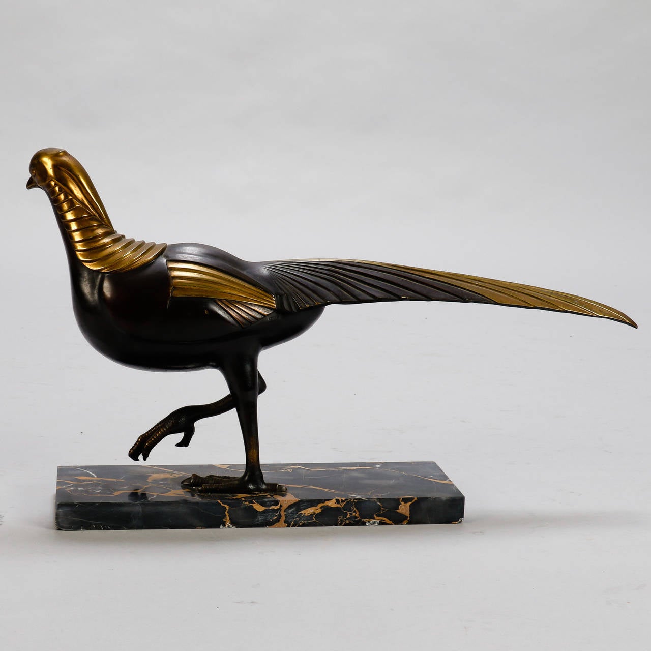 European Signed Art Deco Gilded Bronze Pheasant Sculpture