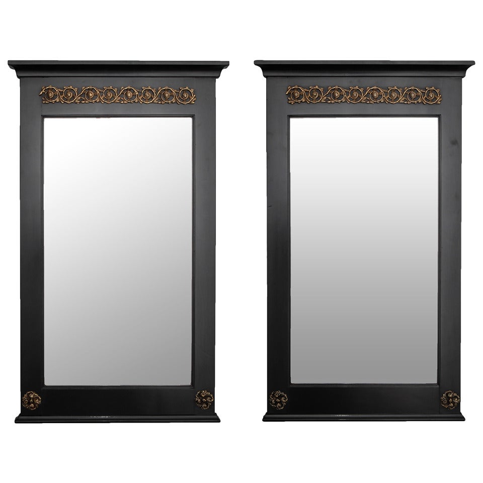 Pair of Empire Style Ebonized Mirrors with Brass Mounts