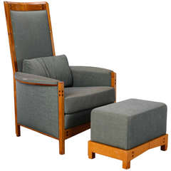 Stuhl und Hocker im Mackintosh-Stil aus tealfarbenem Stoff