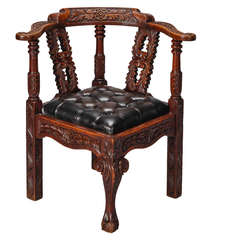 Highly Carved English Corner Chair with Black Leather Seat