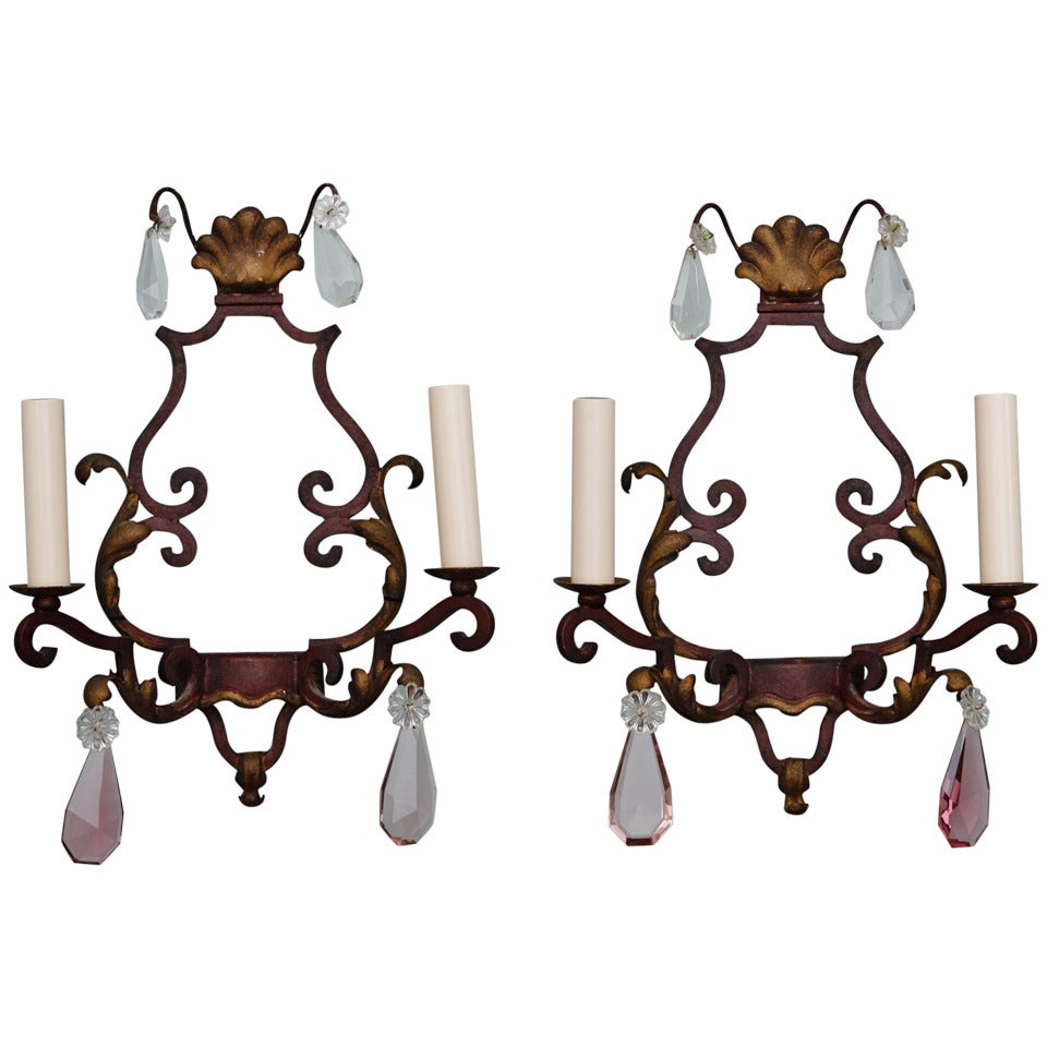 Pair of Two-Light Iron and Crystal Sconces