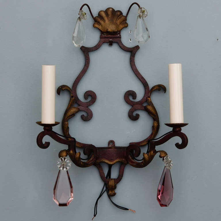 French Pair of Two-Light Iron and Crystal Sconces