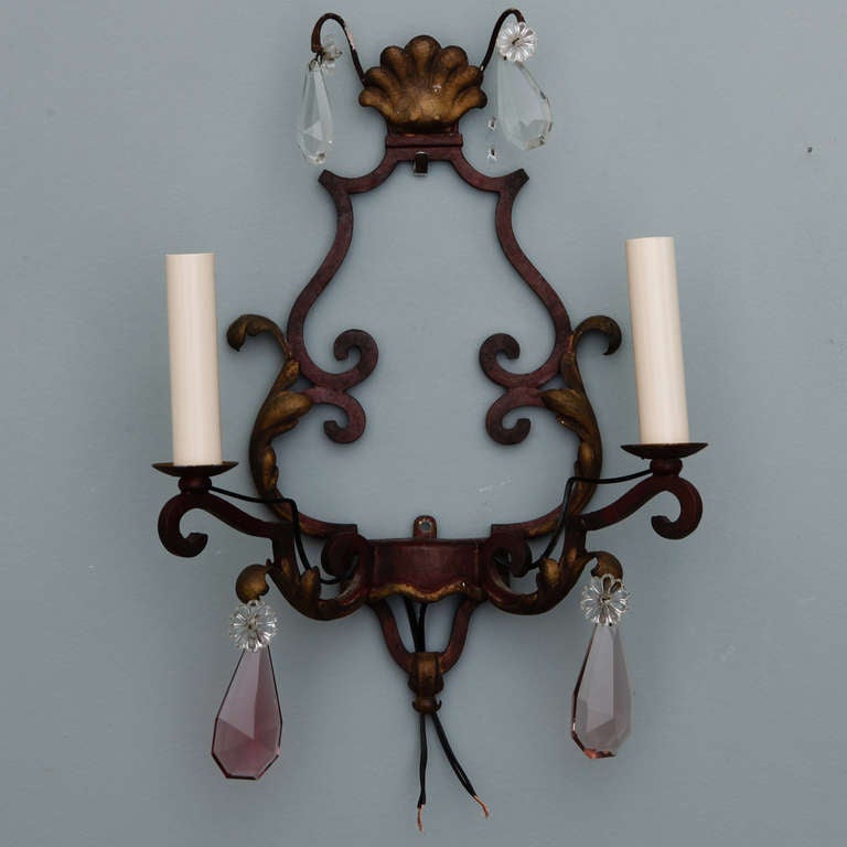 20th Century Pair of Two-Light Iron and Crystal Sconces