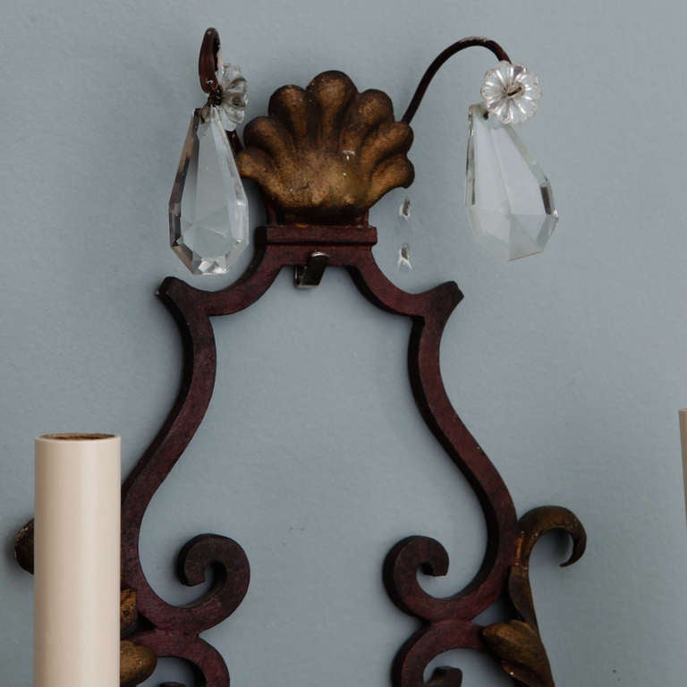 Pair of Two-Light Iron and Crystal Sconces 1