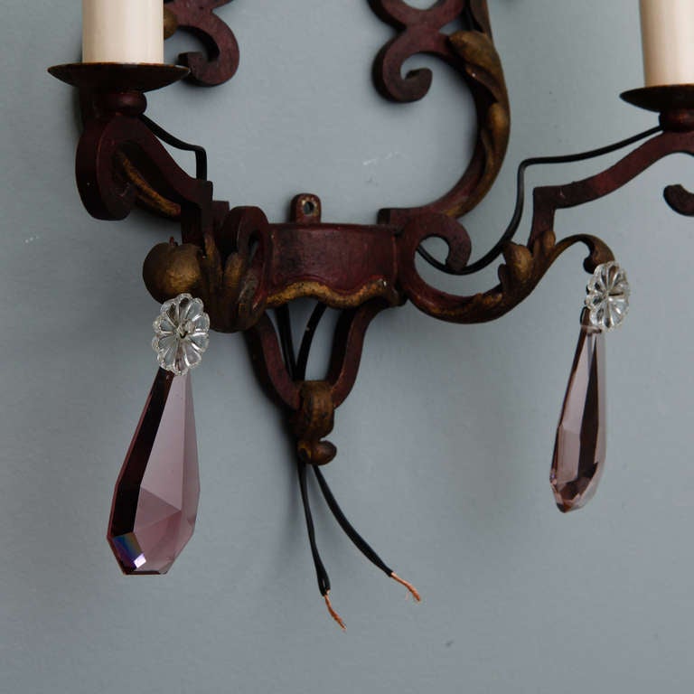 Pair of Two-Light Iron and Crystal Sconces 2