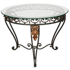 Italian Glass Top Table with Green Iron Frame and Gilt Metal Leaves