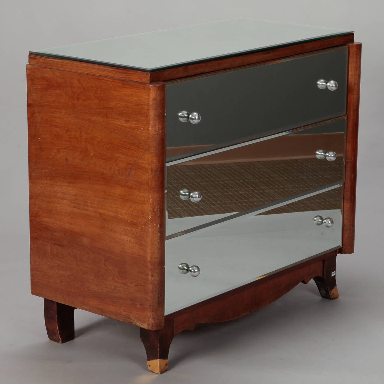 Brass Art Deco Era Mirrored Walnut Chest of Drawers