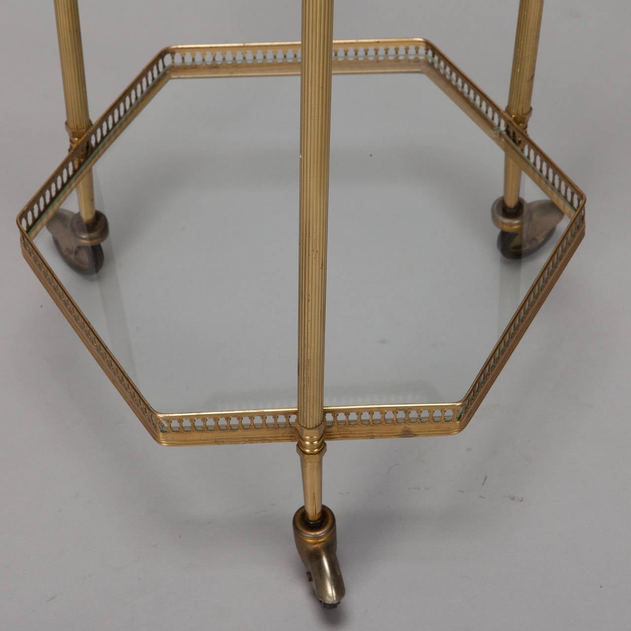 French Small Mid Century Glass and Brass Two Tier Drinks Trolley