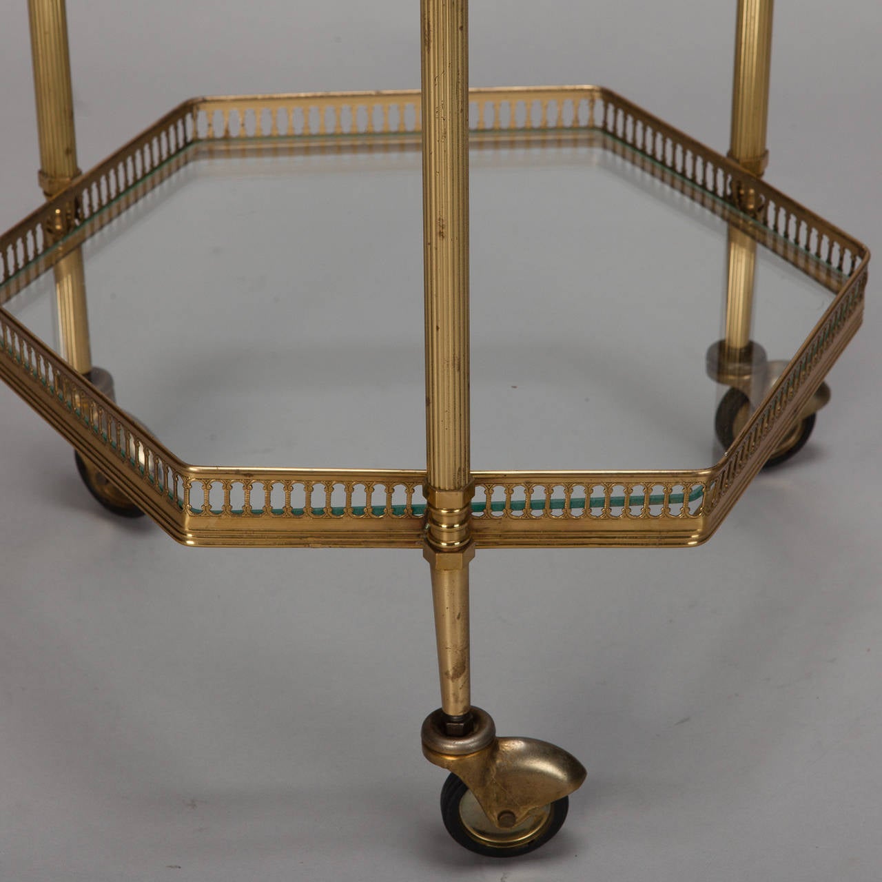 Small Mid Century Glass and Brass Two Tier Drinks Trolley 1