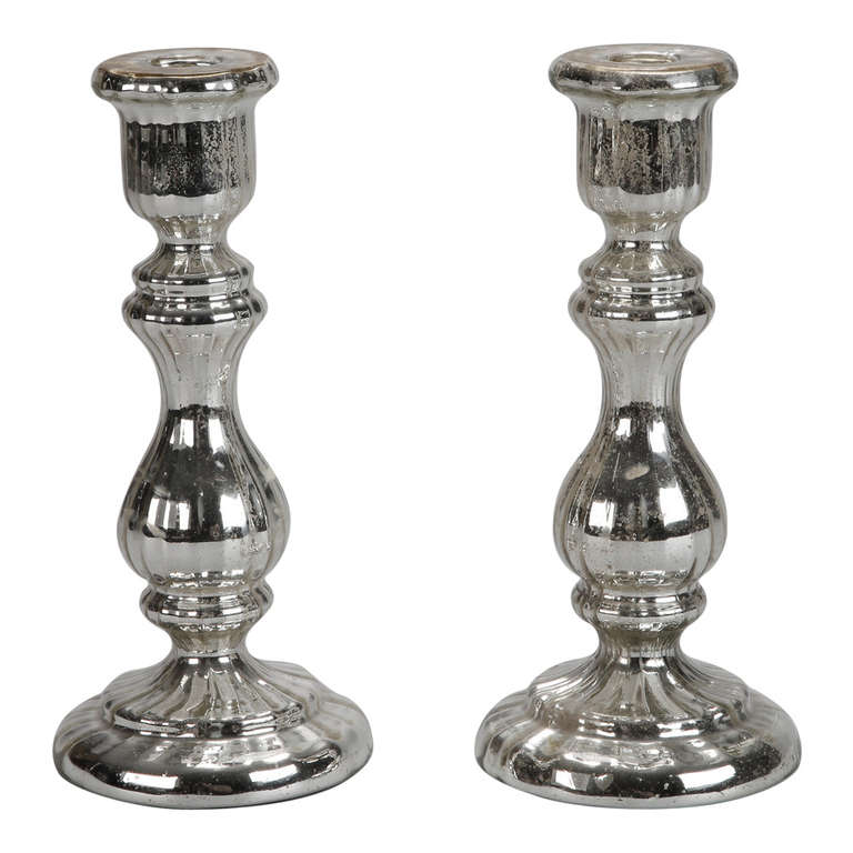 Pair of 19th Century Mercury Glass Candlesticks with Fluting For Sale