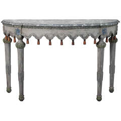 Antique Swedish Blue Gray Demilune Table with Gilded Wood Tassels