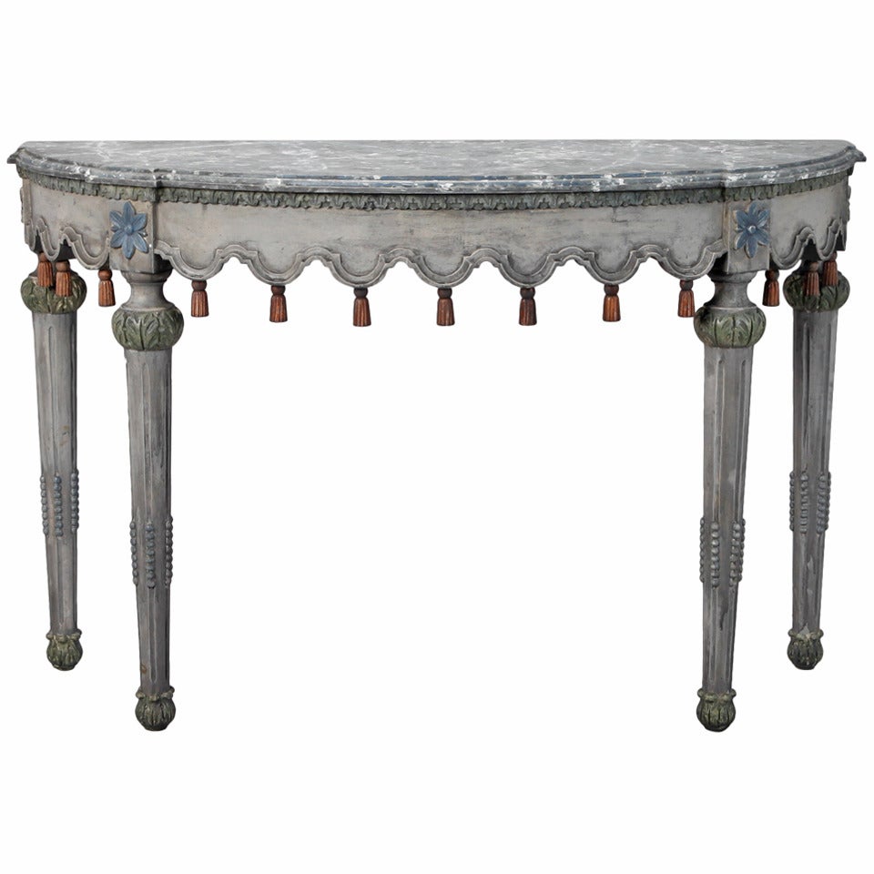 Swedish Blue Gray Demilune Table with Gilded Wood Tassels