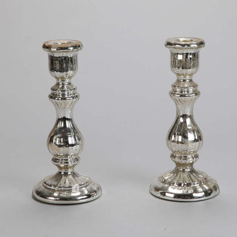 British Pair of 19th Century Mercury Glass Candlesticks with Fluting