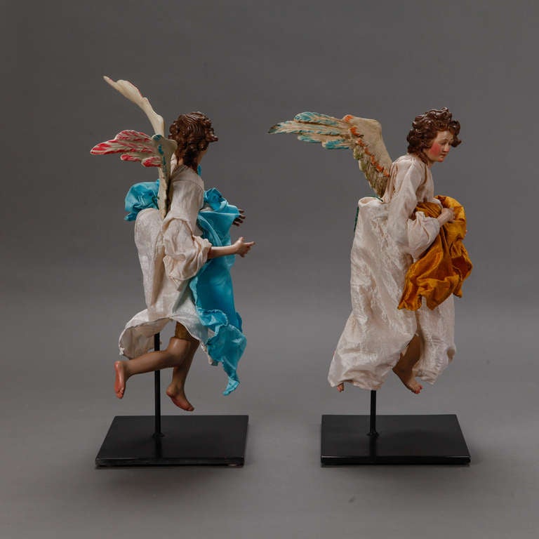 Fabric Pair of Italian Creche Angels On Stands