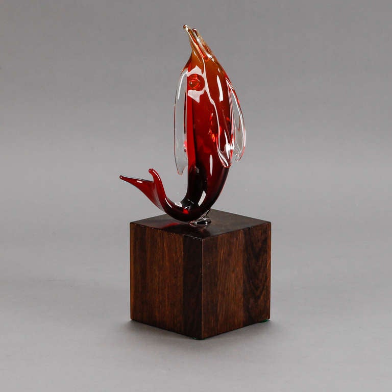 Circa late 1960s red Murano glass dolphin mounted on a wood stand attributed to Ermanno Nason for Gino Cenedese collection. Excellent vintage condition with no flaws found