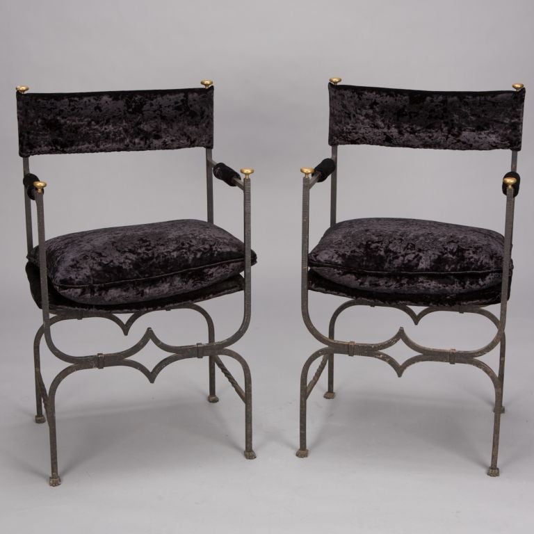 Pair French Empire Style Iron and Velvet Chairs