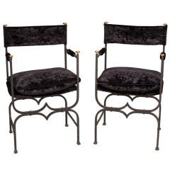 Pair French Empire Style Iron and Velvet Chairs