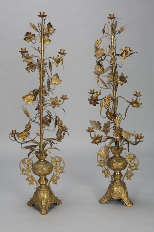 Italian Pair Four Foot Tall Brass Candlesticks with Grapes Vines