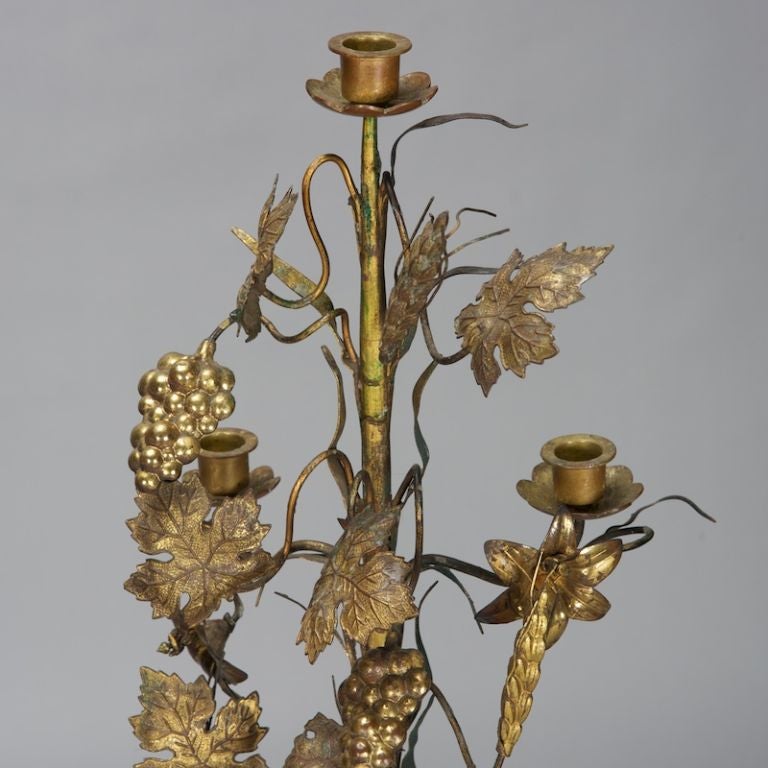 Pair Four Foot Tall Brass Candlesticks with Grapes Vines 2