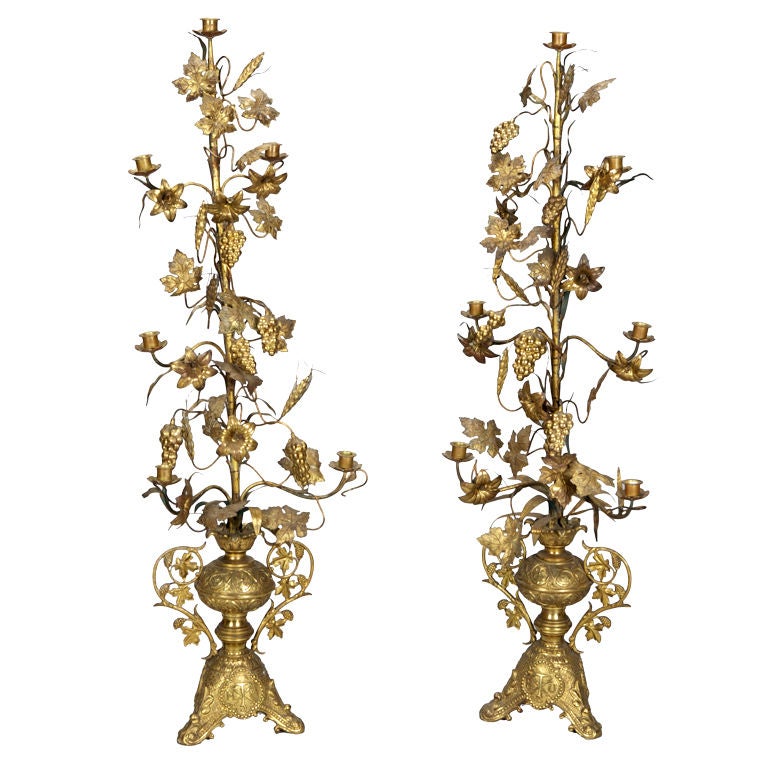 Pair Four Foot Tall Brass Candlesticks with Grapes Vines