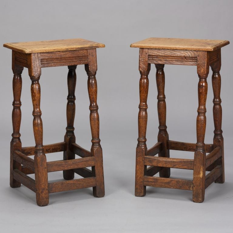 Pair Wood Flat Topped English Stools