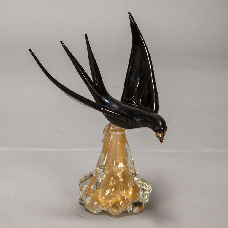 Mid-Century Modern Mid-Century Murano Glass Blackbird on Gold Base