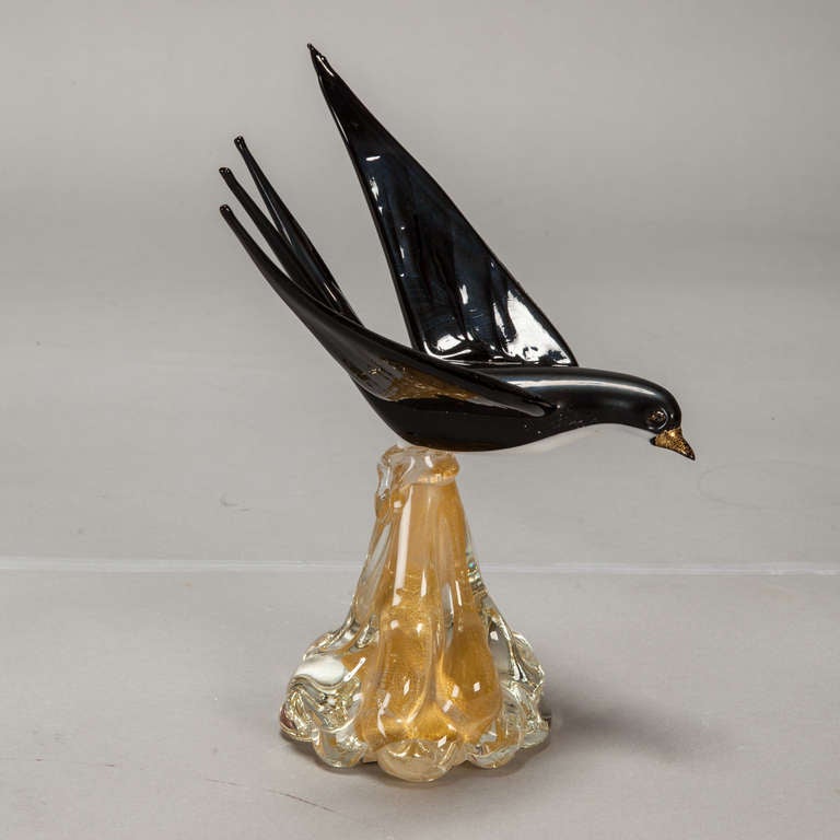 Italian Mid-Century Murano Glass Blackbird on Gold Base