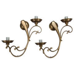 Vintage Pair French Brass Elongated Scroll Two Light Sconces