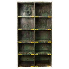 Vintage Industrial Steel Shelf Unit with Green Paint and Yellow Numbers