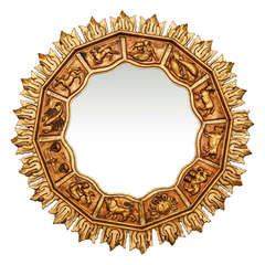 Vintage Midcentury Gilded Zodiac Design Sunburst Mirror