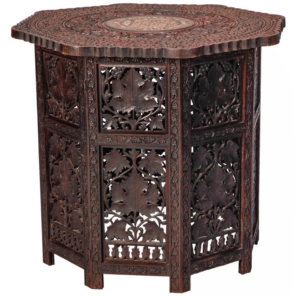 Octagonal Delicately Carved, Dark Wood Moorish Table