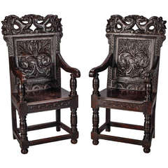 Antique Pair of 19th Century English Dark Oak Carved Dragon Armchairs