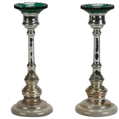 Pair of Mercury Glass Candlesticks with Green Bobeches