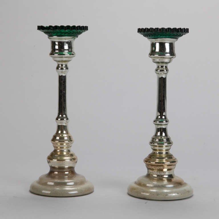 Pair of Mercury Glass Candlesticks with Green Bobeches 2