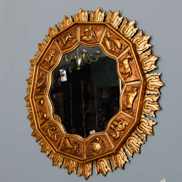 Mid-Century Modern Midcentury Gilded Zodiac Design Sunburst Mirror