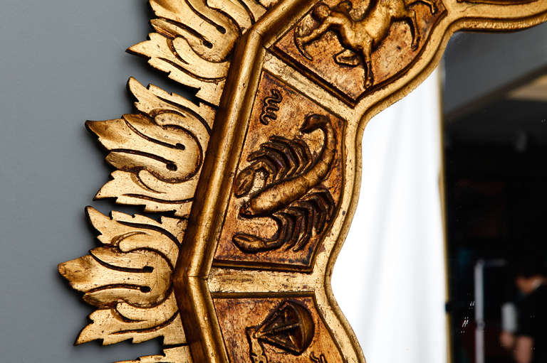 Midcentury Gilded Zodiac Design Sunburst Mirror In Excellent Condition In Troy, MI