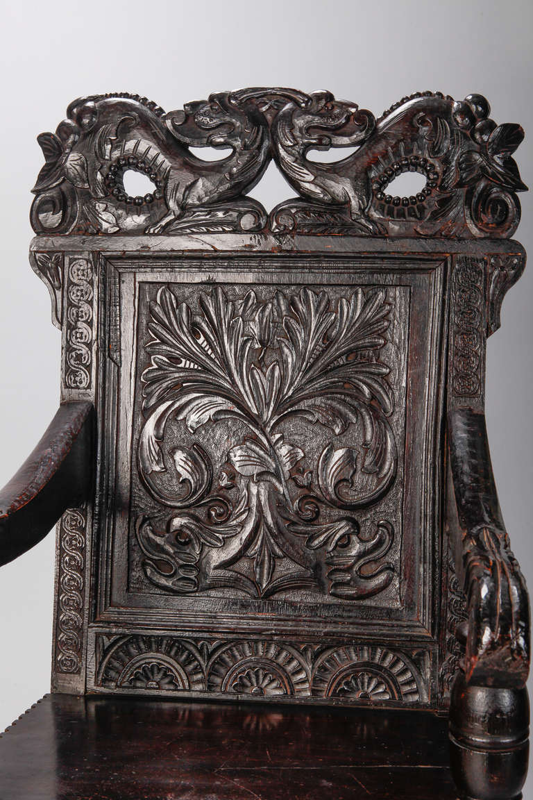 Pair of 19th Century English Dark Oak Carved Dragon Armchairs 6