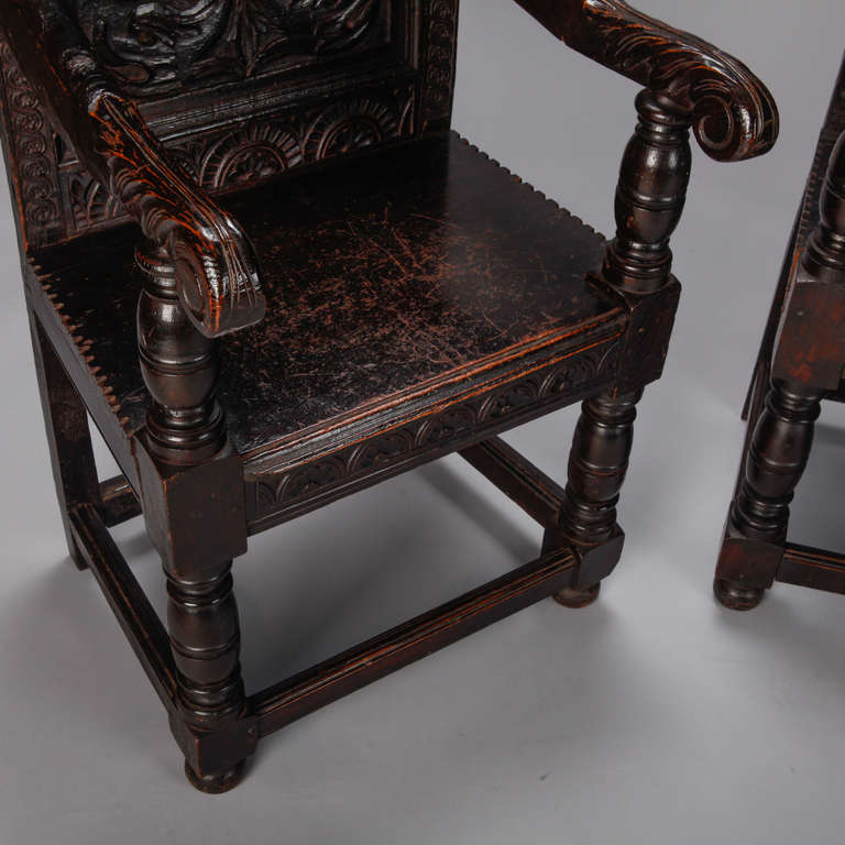 Unknown Pair of 19th Century English Dark Oak Carved Dragon Armchairs